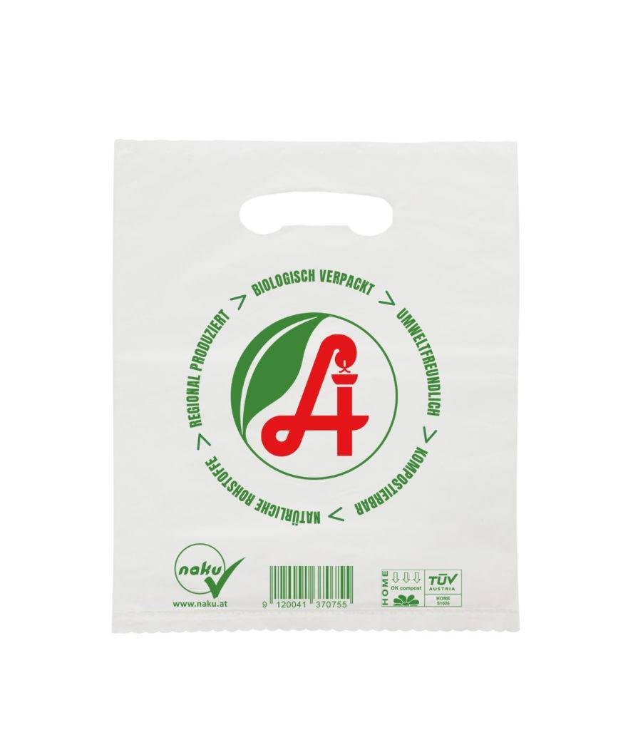 Pharmacy bag made of natural plastic with a grip hole