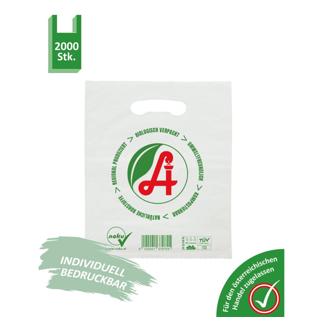 NaKu Bio-Apothekensackerl aus Biokunststoff. Kompostierbar und recyclebar.