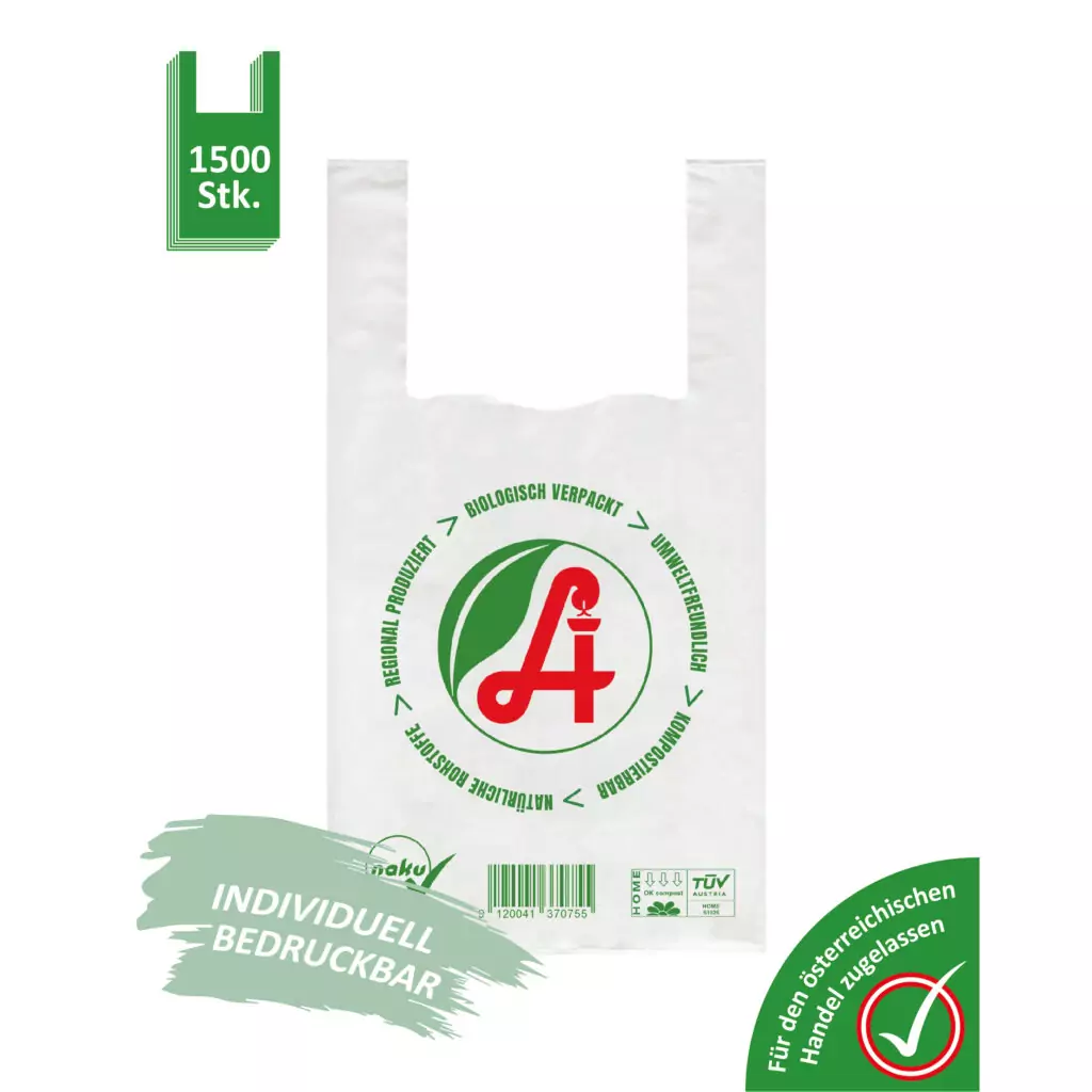 NaKu Bio-Apothekensackerl als Hemdchentragetasche aus Biokunststoff. Kompostierbar und recyclebar. NaKu Bio-Apothekensackerl aus Biokunststoff. Kompostierbar und recyclebar.