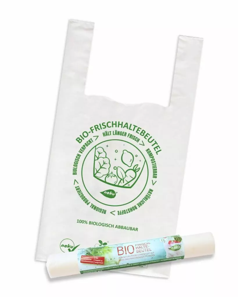 NaKu Bio-Frischhaltebeutel aus Biokunststoff. NaKu Bio-Frischhaltebeutel aus Biokunststoff offene Ansicht und die 10er Rolle.
