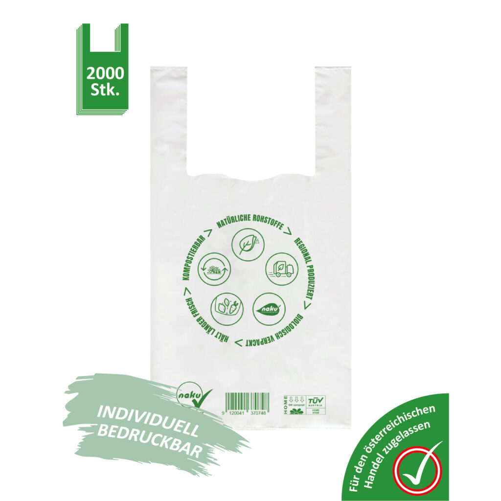 NaKu Bio-Sackerl/Bio-Tragetasche leicht aus Biokunststoff für Hanel und Gewerbe. Kompostierbar & recyclebar.
