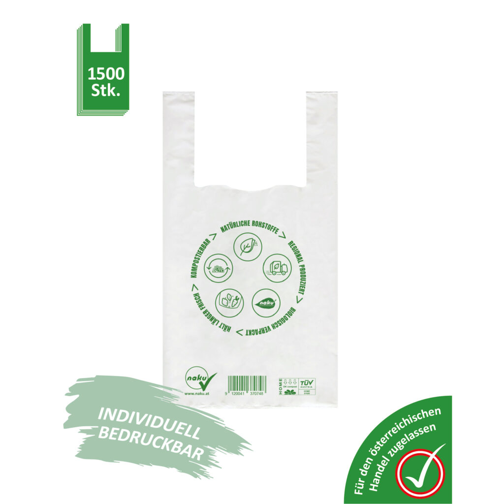 NaKu Bio-Sackerl/Bio-Tragetasche leicht aus Biokunststoff für Hanel und Gewerbe. Kompostierbar & recyclebar.