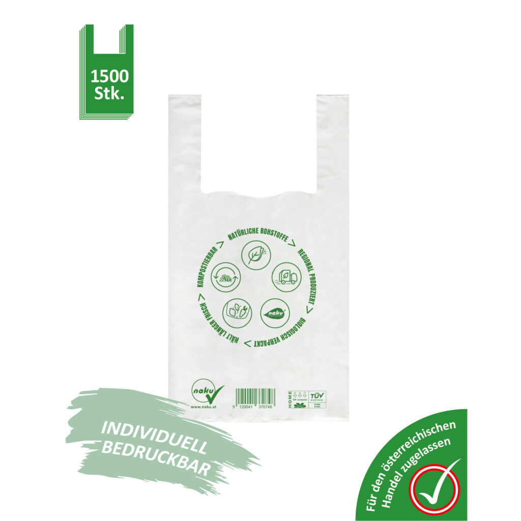 NaKu organic bag/organic carrier bag made of organic plastic for trade and industry. Compostable & recyclable.