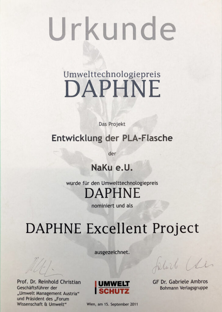 NaKu Daphne environmental technology award for the PLA bottle