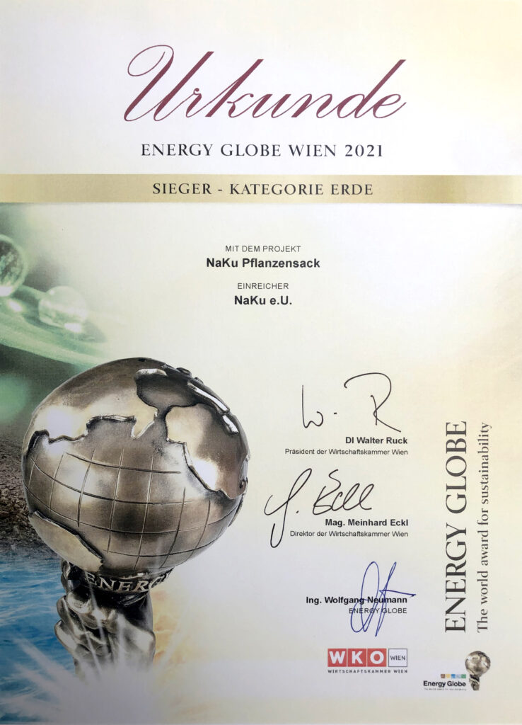 Energy Globe Award Austria Kategorie Erde NaKu Bio-Pflanzsack aus Biokunststoff
