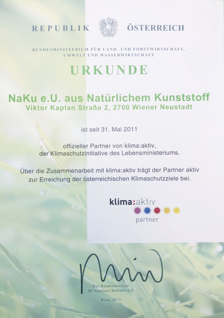 Urkunde NaKu offizieller klimaaktiv Partner seit 2011