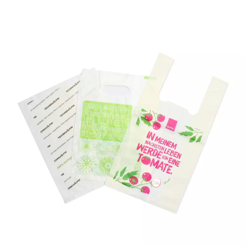 Individuelle Produktionen von Biosackerl, Biotüten, Biobeutel, Biotaschen aus Biokunststoff Beispiele mit Bedruckung von individuellen Produktionen von Sackerl, Tüten, Beutel, Taschen aus Biokunststoff.