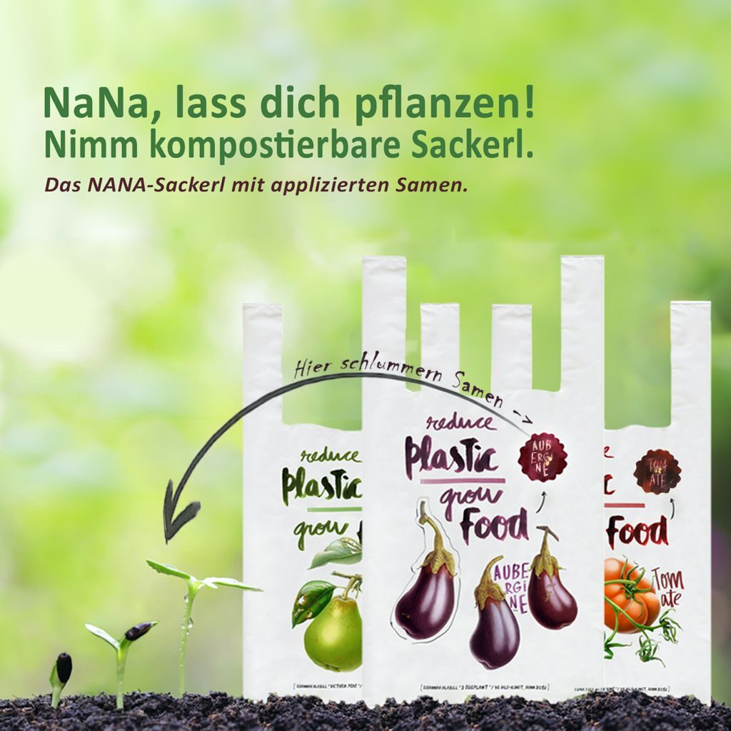 Individuelle Biosackerl, Biobeutel und Biotüten aus Biokunststoff mit Ihrem Aufdruck. Das Nana Sackerl mit Pflanzensamen.