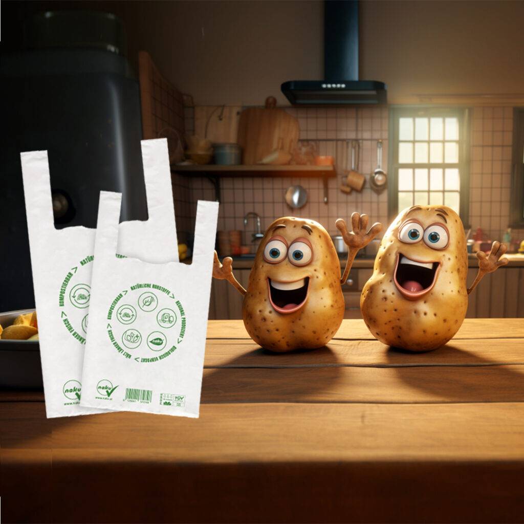 The NaKu organic carrier bag made of lightweight bioplastic in the kitchen with an AI-generated image of funny potatoes