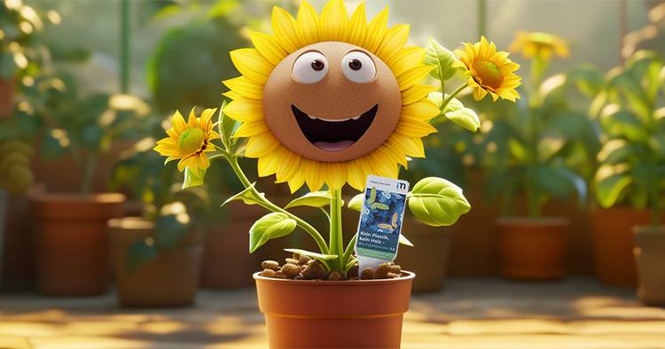 Pflanzenstecker aus Biokunststoff in einem Blumentopf mit einer KI-generierten Sonnenblume