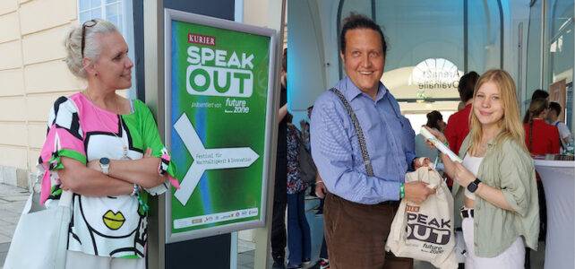 Ute Zimmermann, Johann Zimmermann und Lizzy beim SPEAK OUT Event
