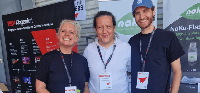 NaKu bei der TEDx Klagenfurt 2025. V.l.n.r. Ute Zimmermann, Johann Zimmermann und Johann Zimmerman jun.