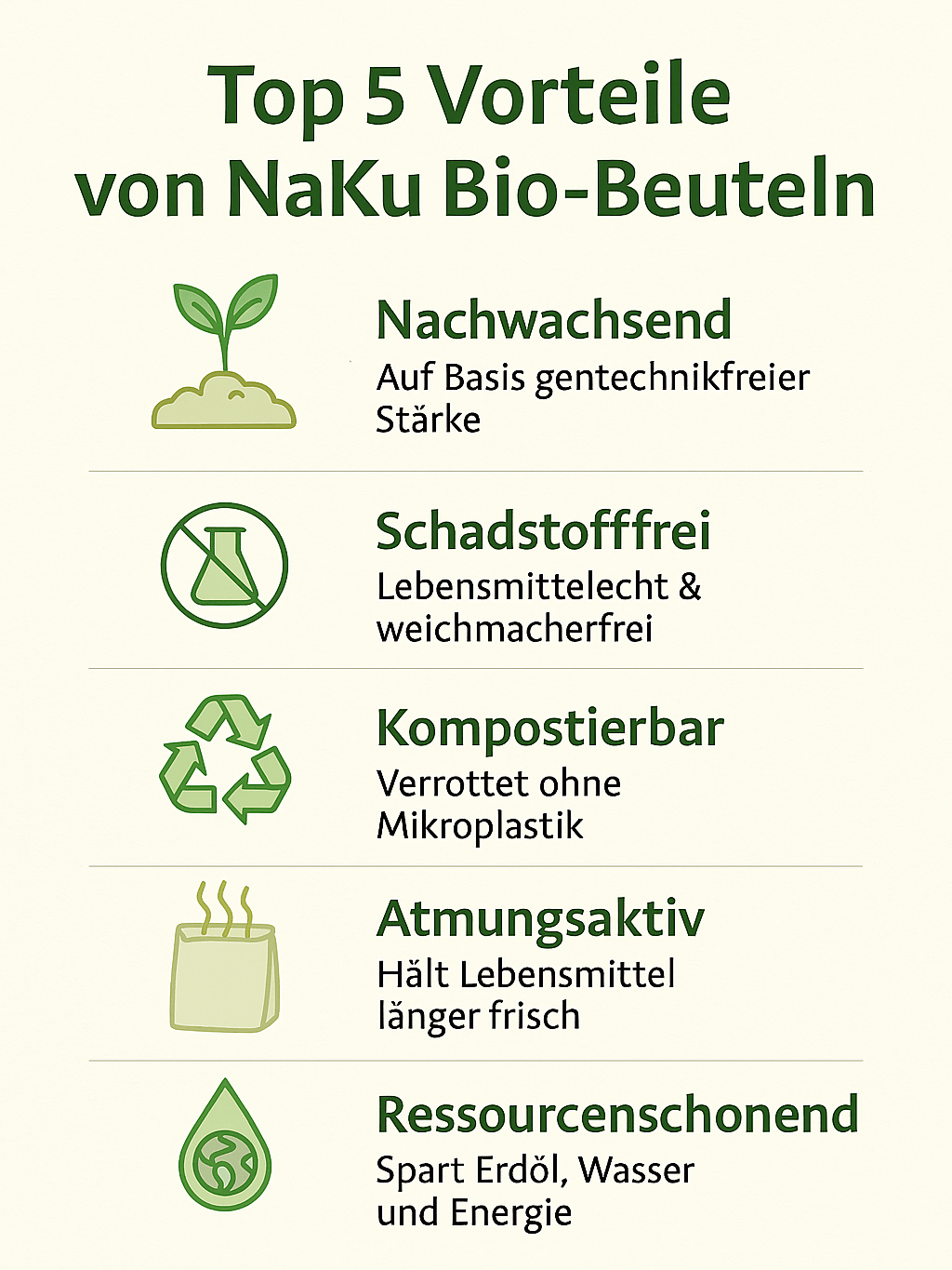 Top 5 Vorteile von NaKu Biobeuteln Nach mehrfacher Nutzung können die Beutel als Biomüllbeutel dienen und binnen Wochen kompostieren, statt als Mikroplastik zu verbleiben.