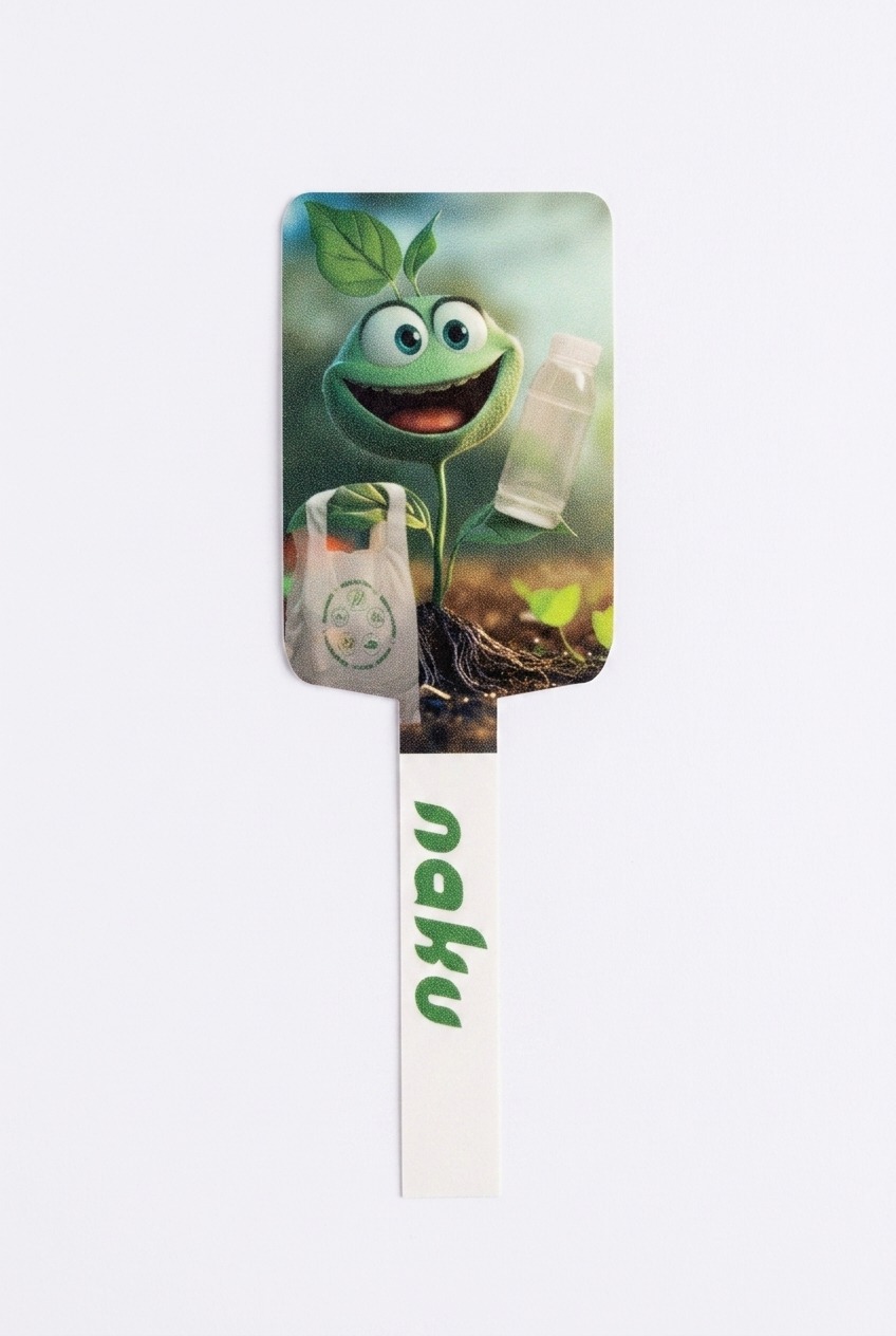 change the background to white Cartoon green sprout with a bottle and a tote bag on soil, printed on a white bookmark with green text.