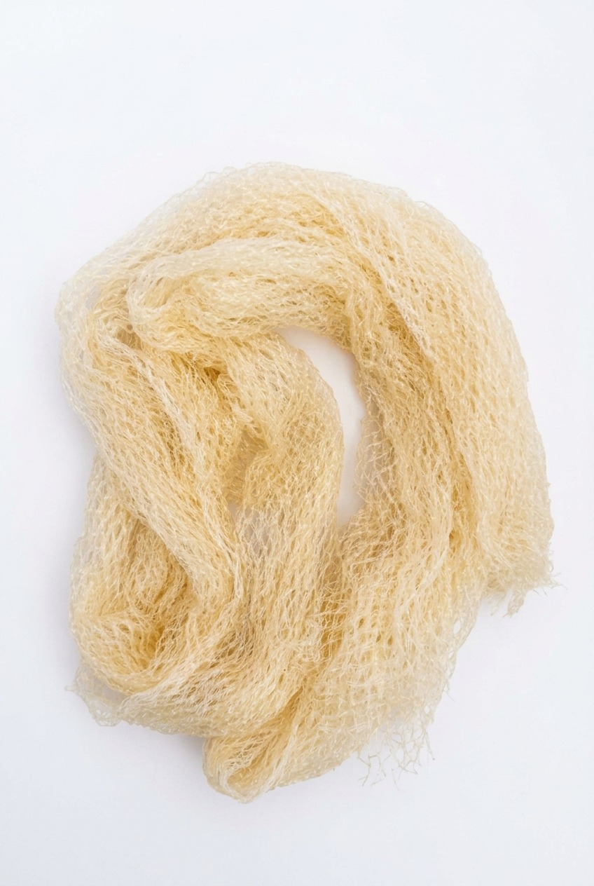 change the background to white Cream-colored loofah sponge shaped in a loose coil to be used in the shower/bath