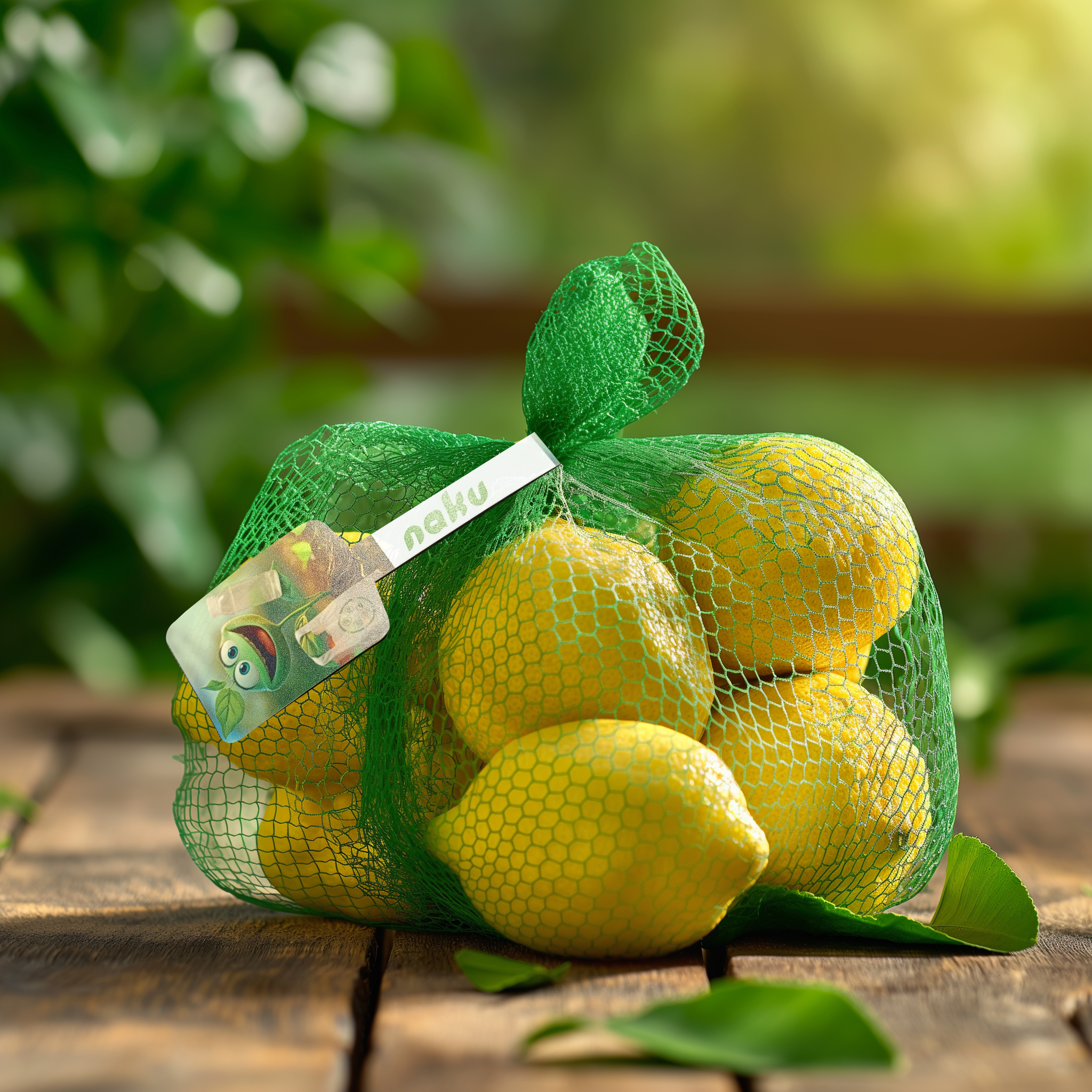 naku_ki_studio_product_photo_of_a_lemon_net_packaging_green_pla_1d94c569-4ace-464c-8fb7-24fa6ca9f824 Lemons inside a green mesh bag resting on a wooden surface with a blurred leafy background.