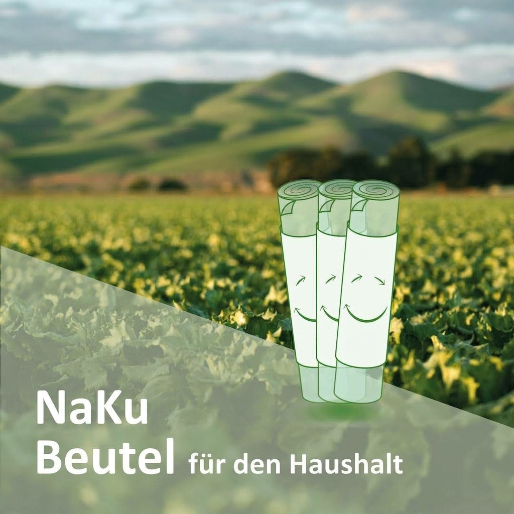 Edit the existing image and replace the text NaKu Bio-Beute Three rolled-up cartoon bags with smiling faces stand in a green field, overlaid with the text 'NaKu Beutel für den Haushalt'.