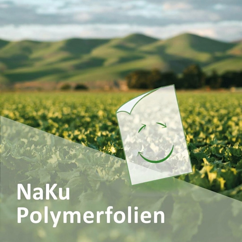 Edit the existing image and replace the text NaKu Biopolyme Field of yellow flowers with distant green hills; a translucent overlay shows a smiling square icon and the text NaKu Polymerfolien