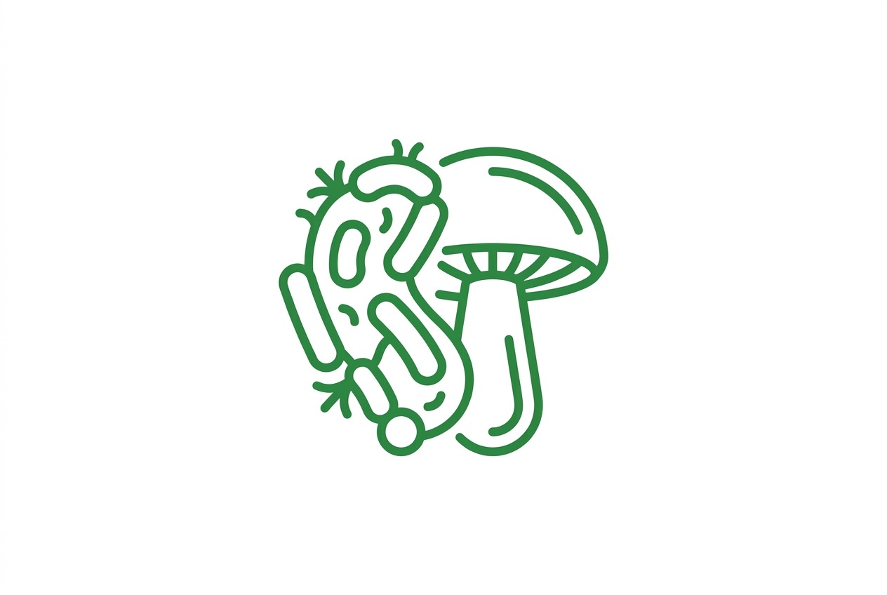 Green line illustration of a mushroom with a playful, blob-like creature entwined around its stem.