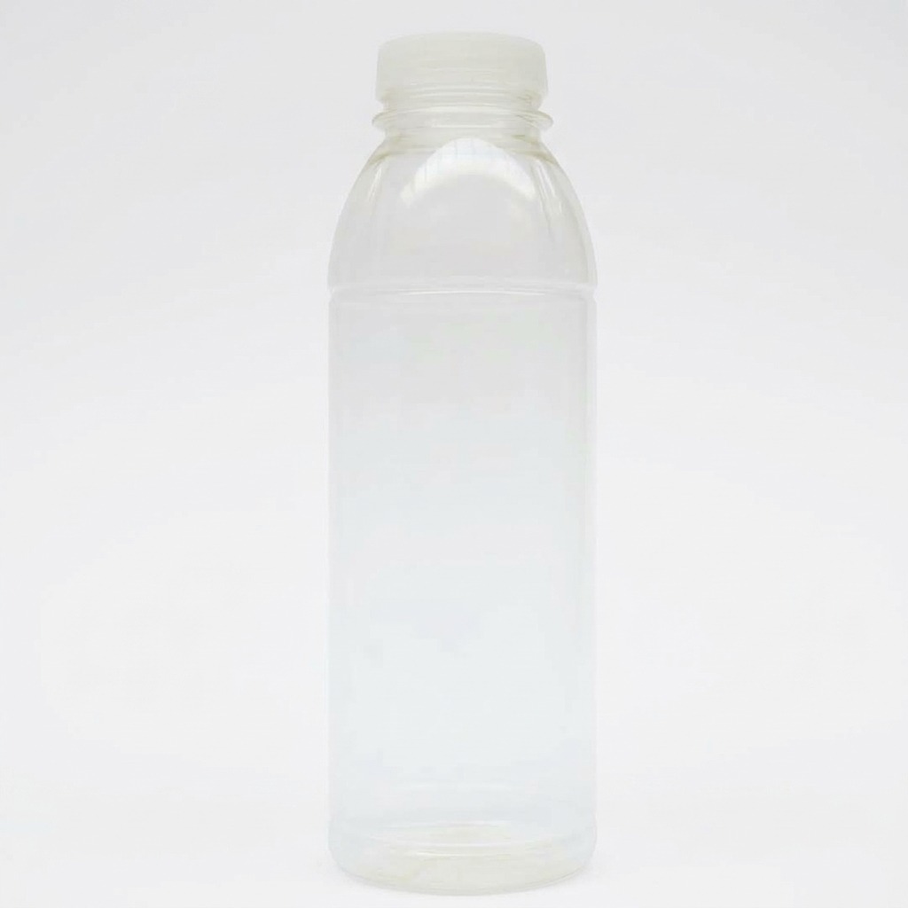 Remove the blue label on the left side leaving only the bot Clear plastic water bottle with white cap standing upright against a white background, filled with a transparent liquid
