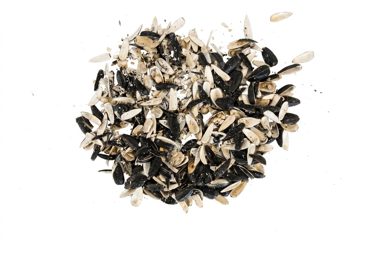 Pile of black and beige sunflower seeds scattered on a white background.