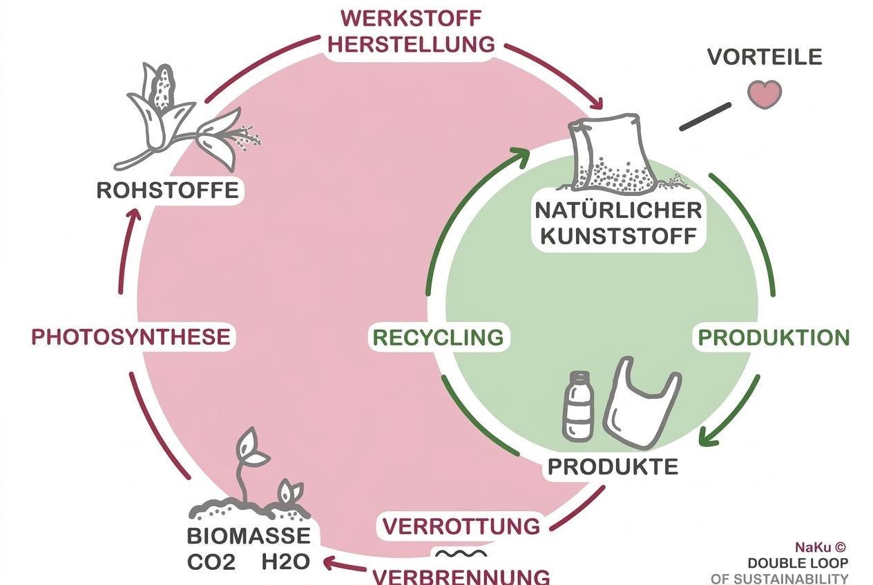 Infografik des Ressourcen- und Kunststoffkreislaufs mit Rohstoffen, Photosynthese, Biomasse und Recycling.