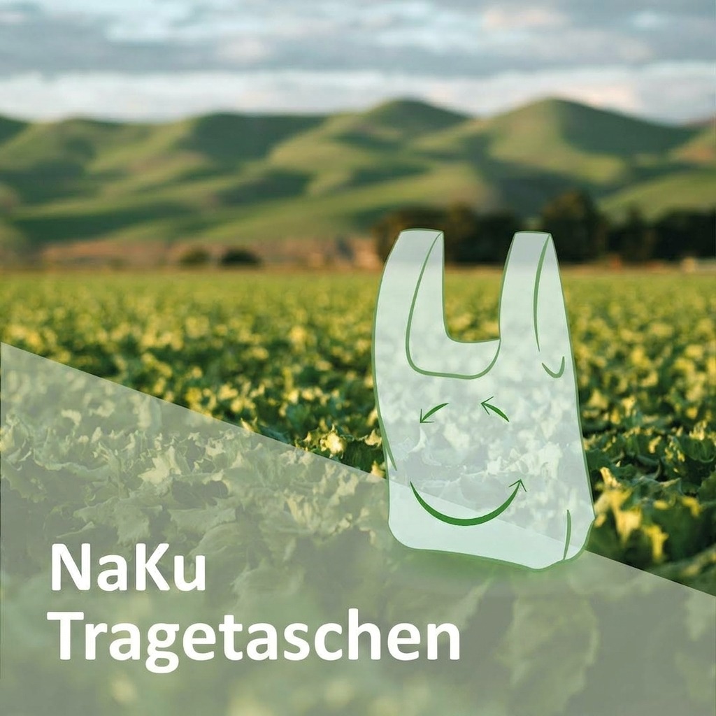 Remove the text Bio- from the label NaKu Bio-Tragetaschen Smiling reusable shopping bag graphic over a green field with hills; text reads NaKu Tragetaschen.