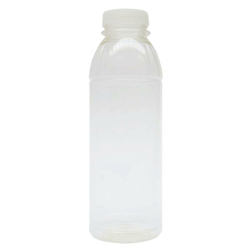 Empty transparent plastic bottle with a white cap, upright against a white background.